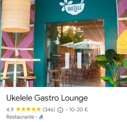 Ranking de Ukelele Gastro Lounge en Google Maps. Restaurante especializado en Burgers Gourmet y Poke Bowls Frescos