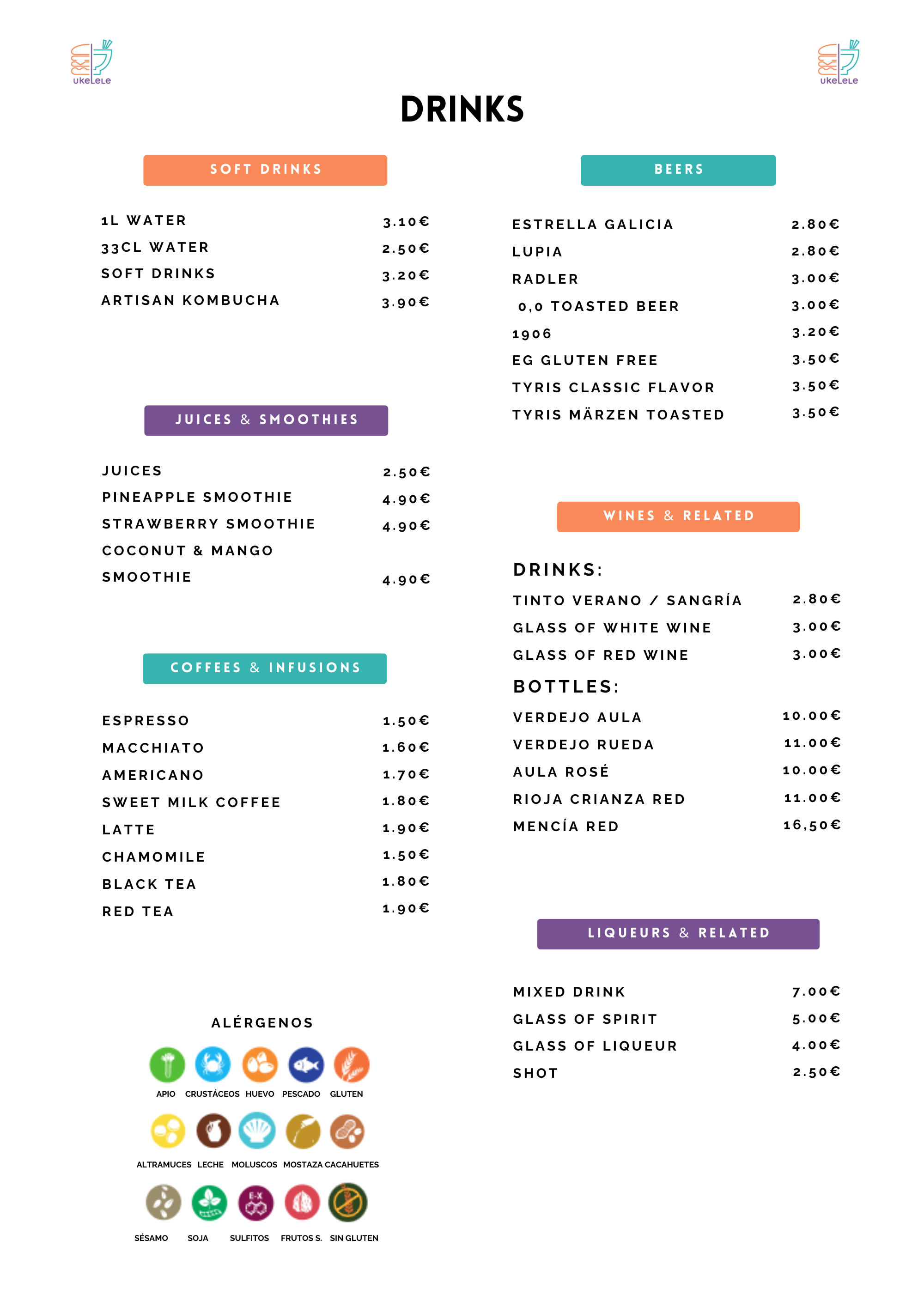 Bebidas de Ukelele Gastro Lounge con opciones sin alcohol, kombucha, smoothies, cafés, infusiones, cervezas, vinos, combinados, copas y chupitos