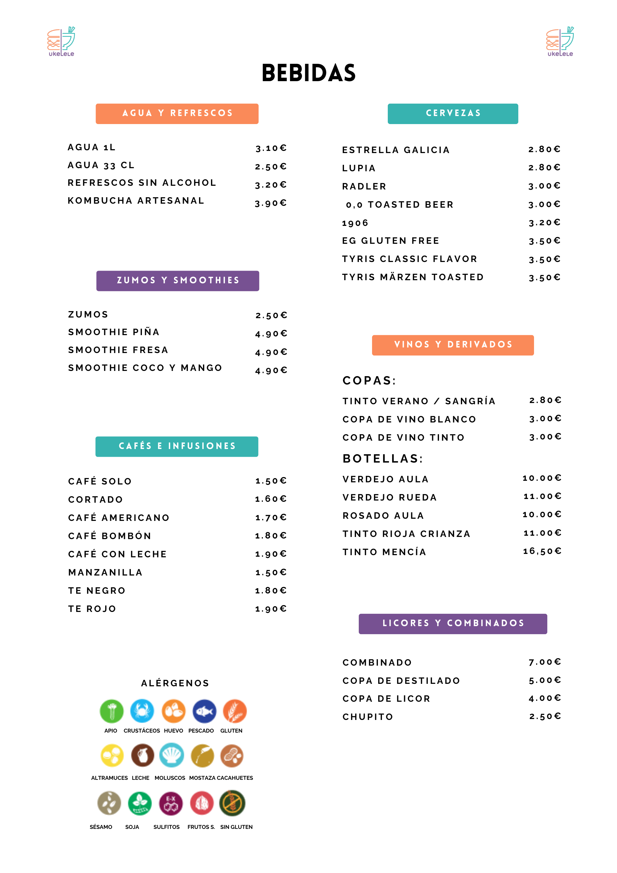 Bebidas de Ukelele Gastro Lounge con opciones sin alcohol, kombucha, smoothies, cafés, infusiones, cervezas, vinos, combinados, copas y chupitos