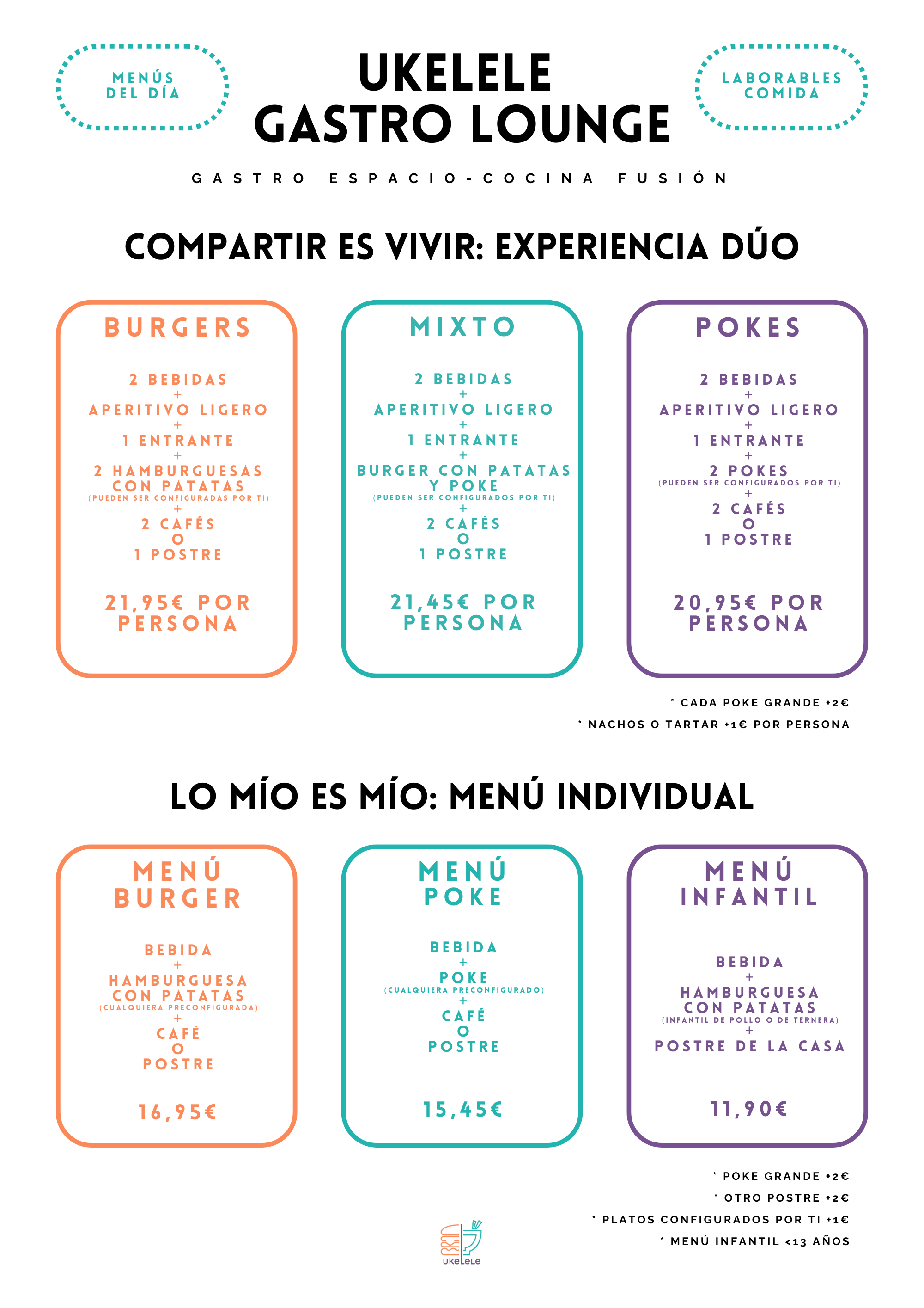 Menú de mediodía en Ukelele Gastro Lounge, disponible solo en días laborables con opciones económicas y equilibradas