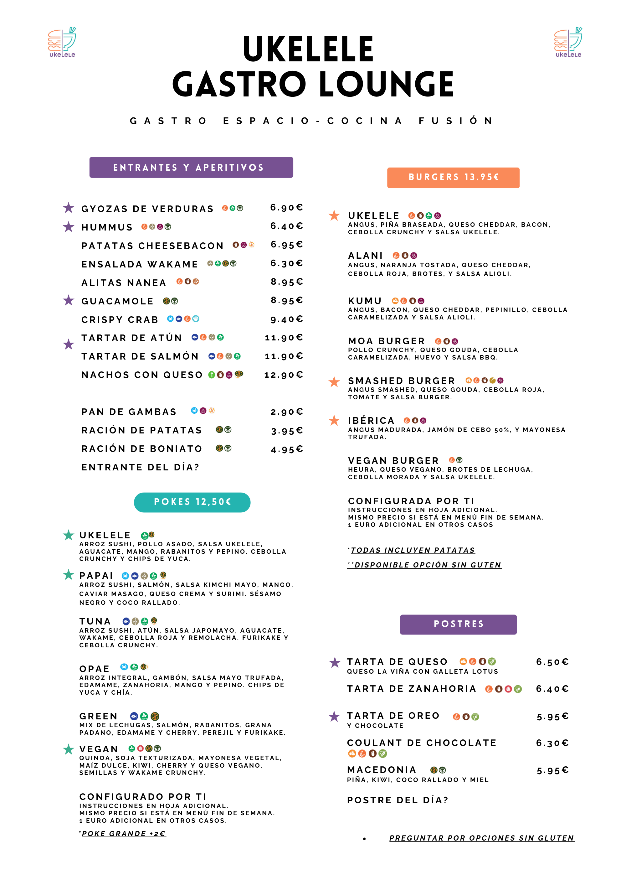 Menú principal de Ukelele Gastro Lounge con entrantes, pokes especiales, hamburguesas gourmet y postres caseros