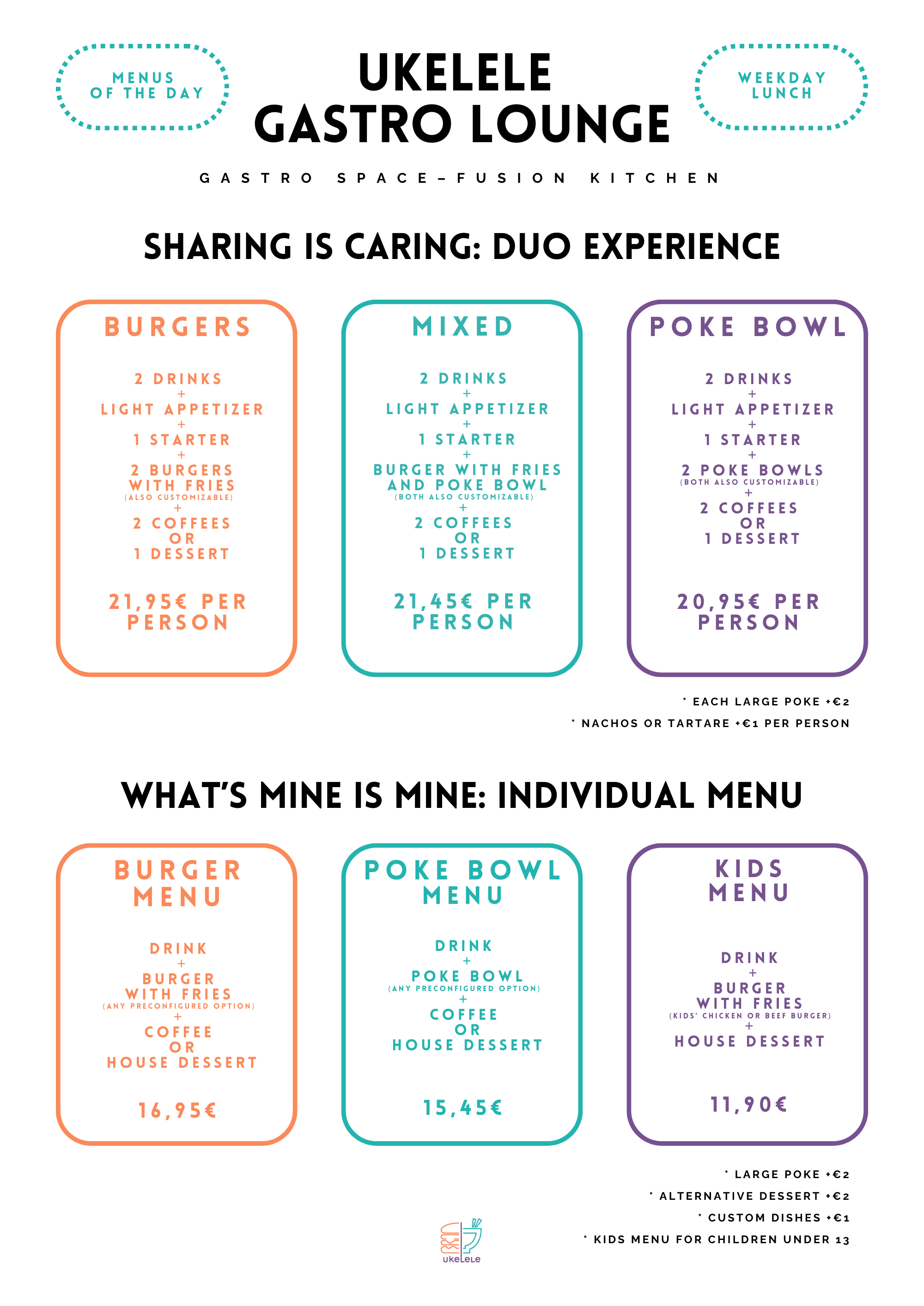 Menú de mediodía en Ukelele Gastro Lounge, disponible solo en días laborables con opciones económicas y equilibradas