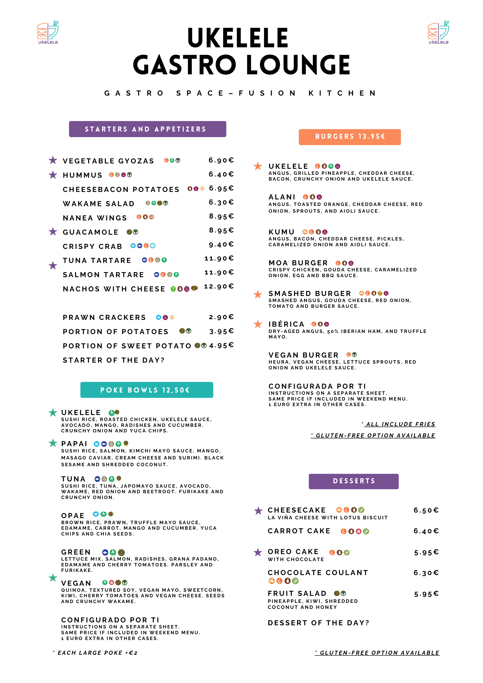 Menú principal de Ukelele Gastro Lounge con entrantes, pokes especiales, hamburguesas gourmet y postres caseros