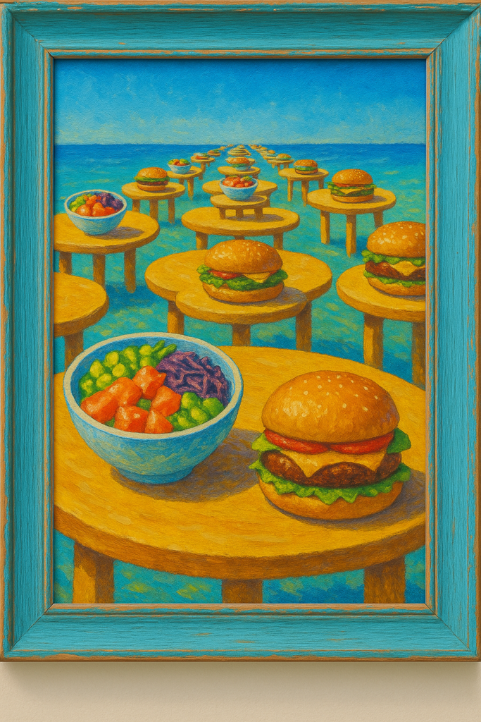 Ilustración de un festín infinito con hamburguesas y poke bowls sobre el mar, representando un banquete sin fin.
