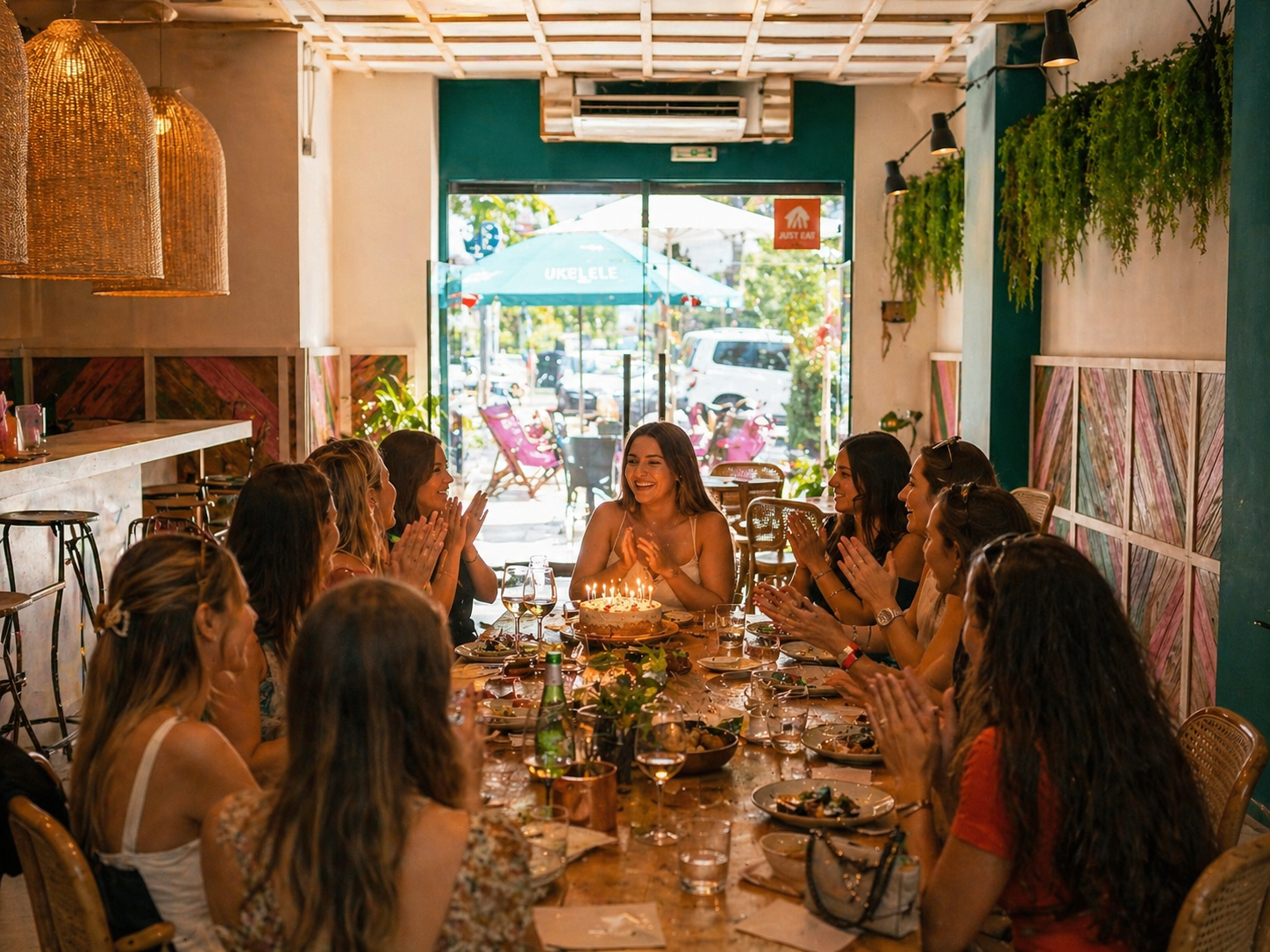 Celebración de cumpleaños de día en restaurante en Valencia con luz natural y espacio privado