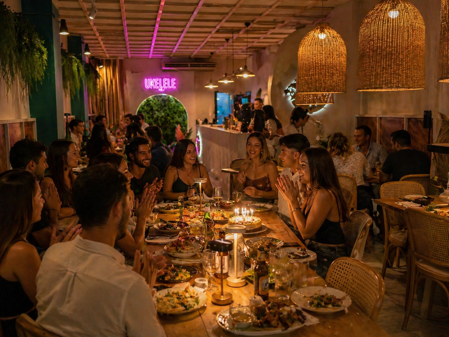 Cumpleaños joven sentado en restaurante en Valencia con comida para compartir y ambiente acogedor