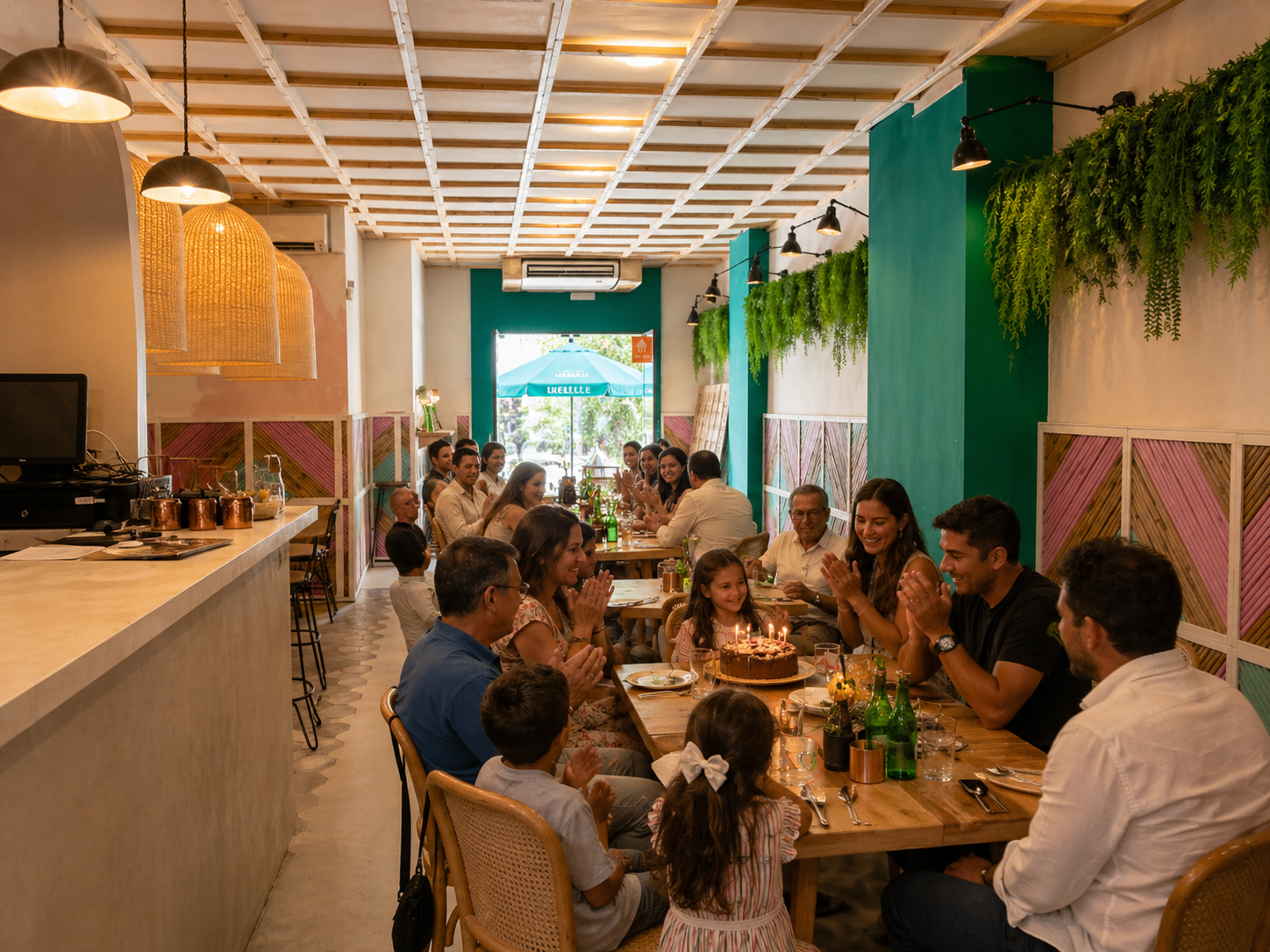 Evento familiar en restaurante privado en Valencia con mesas largas y ambiente acogedor
